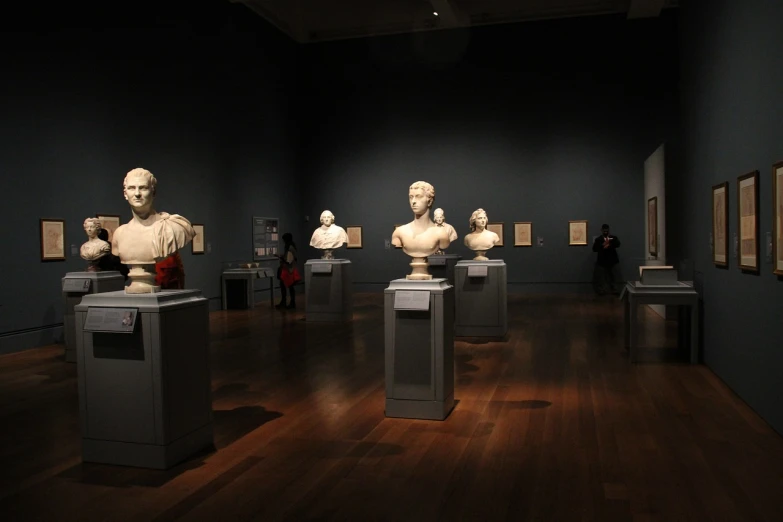 a number of busts on display in a museum, a marble sculpture, by Thomas Furlong, flickr, scene beautiful, gallery setting, over the shoulder, 1811