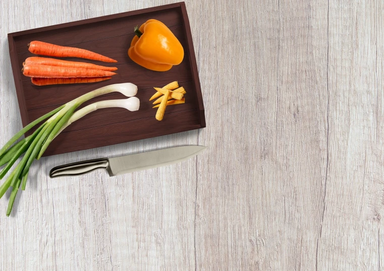 a cutting board with vegetables and a knife on it, a stock photo, realism, background image, high res photo, carrots, miniature product photo