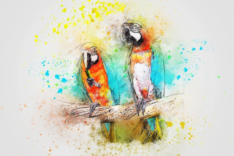 two colorful birds sitting on top of a tree branch, trending on pixabay, abstract art, rough color pencil illustration, parrot, mixed media style illustration, brush stroke oil painting