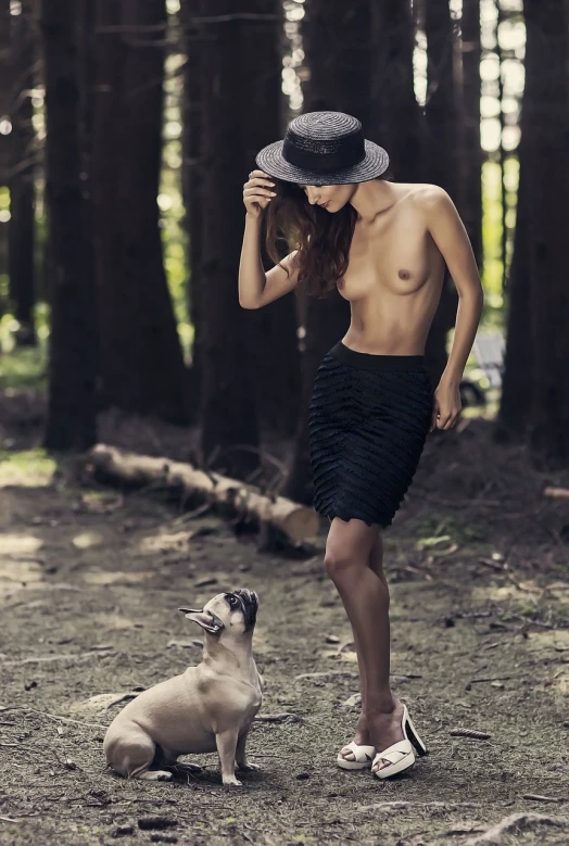 a shirtless man standing next to a small dog, by Mathias Kollros, tumblr, digital art, woman with hat, forest style studio shot, gorgeous lady, with black