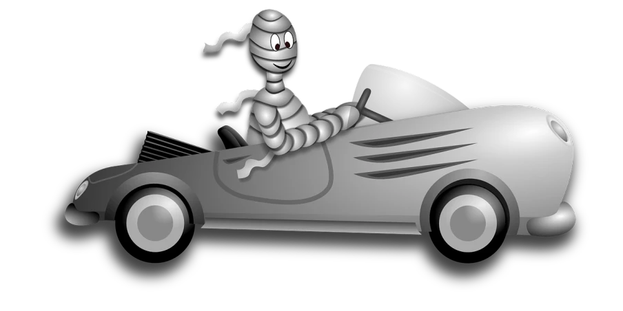 a cartoon character riding in a toy car, inspired by Ed Roth, pixabay contest winner, les automatistes, mummified in bandages, gray, in a dark, scorpion