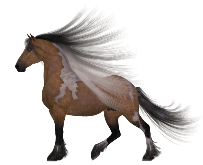 a brown and white horse with a long mane, a raytraced image, inspired by John Frederick Herring, Jr., polycount contest winner, ! split hair dye!, glowing with silver light, flying hair, glitch shimmer
