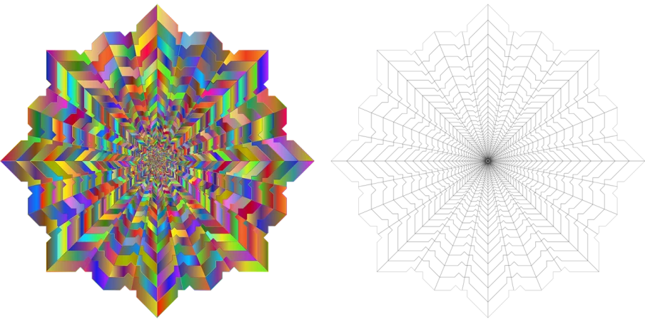 a multicolored geometric design on a black background, a raytraced image, abstract illusionism, still of rainbow ophanim, isometric view from behind, intricate 3 d illustration, diagonal spell vfx