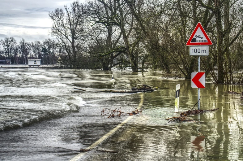 a street sign sitting on the side of a flooded road, a photo, by Richard Carline, shutterstock, esher, crossing the river, award-winning picture, cover shot