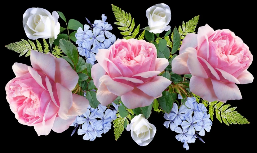 a bouquet of pink roses and blue flowers, a digital rendering, by Joan Ayling, shutterstock, long view, flower frame, center straight composition, roses and lush fern flowers