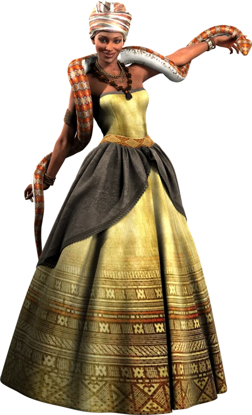 a woman in a dress with a snake around her neck, a digital rendering, inspired by Rajmund Kanelba, wearing an elegant tribal outfit, simba, unknown, in game render