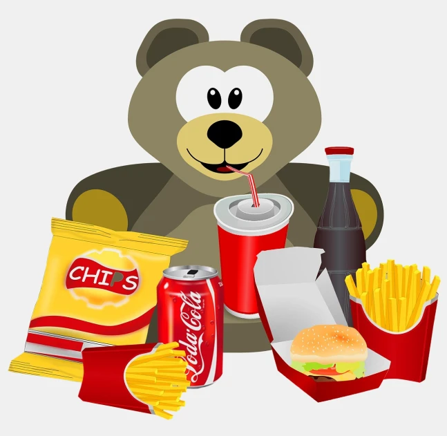 a teddy bear that is sitting next to some food, plasticien, mascot illustration, on a gray background, soda, fast food