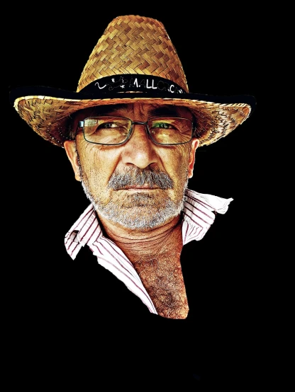 a man wearing a straw hat and glasses, a portrait, photorealism, platon, author, gal yosef, brian jacques