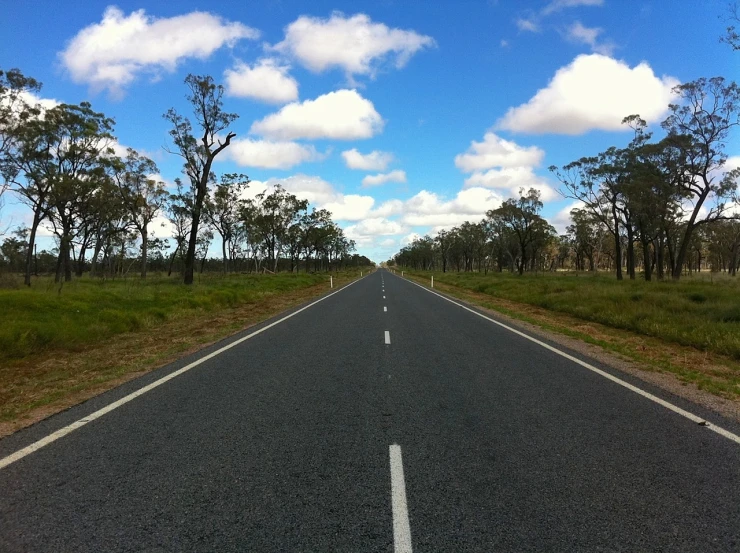 the empty road is lined with trees and grass, a picture, by Lee Loughridge, flickr, on a hot australian day, blue sky, road warrior, front on