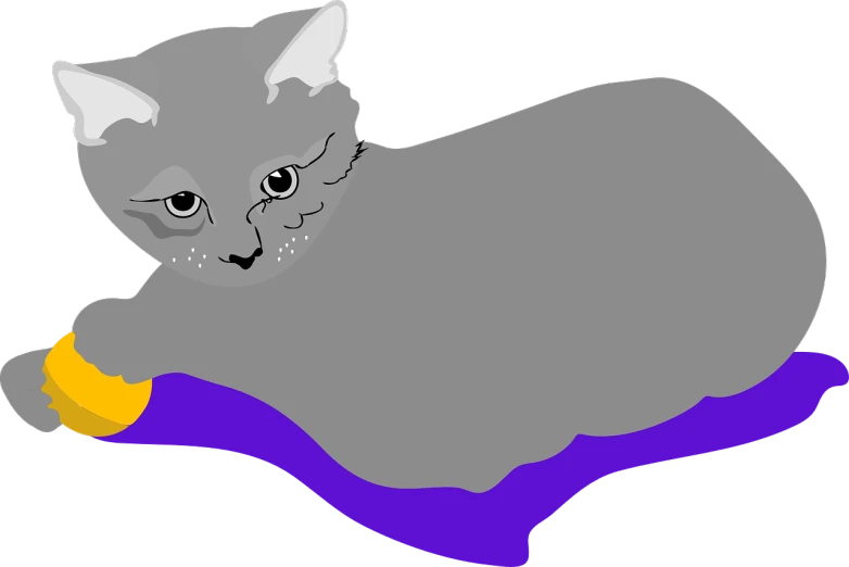 a gray cat laying on a purple pillow, inspired by Masamitsu Ōta, reddit, conceptual art, ( ( dithered ) ), ( ( ( aquarium bed ) ) ) ), harry volk clip art style, !!!! cat!!!!