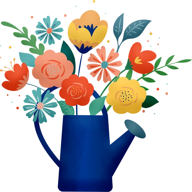 a blue watering can filled with colorful flowers, by Lena Alexander, pixabay, conceptual art, flat illustration, dark. no text, floating bouquets, avatar image