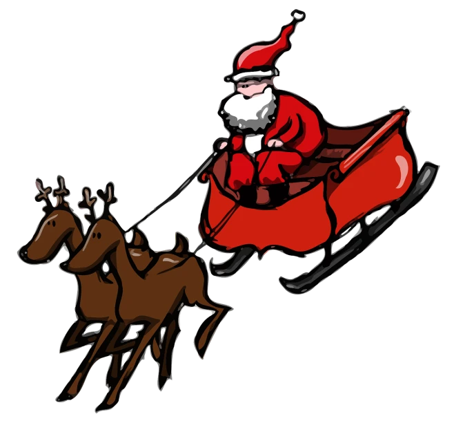 a santa claus riding a sleigh pulled by reindeers, by Susan Heidi, incoherents, on black background, drawn in microsoft paint, cel shaded!!!, facing left