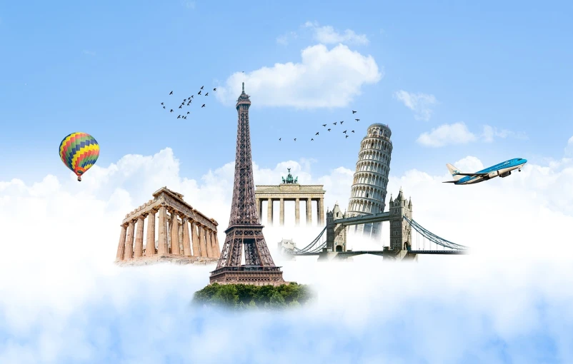 a collage of famous places in the sky, shutterstock, modernism, background image, european, banner, elevation