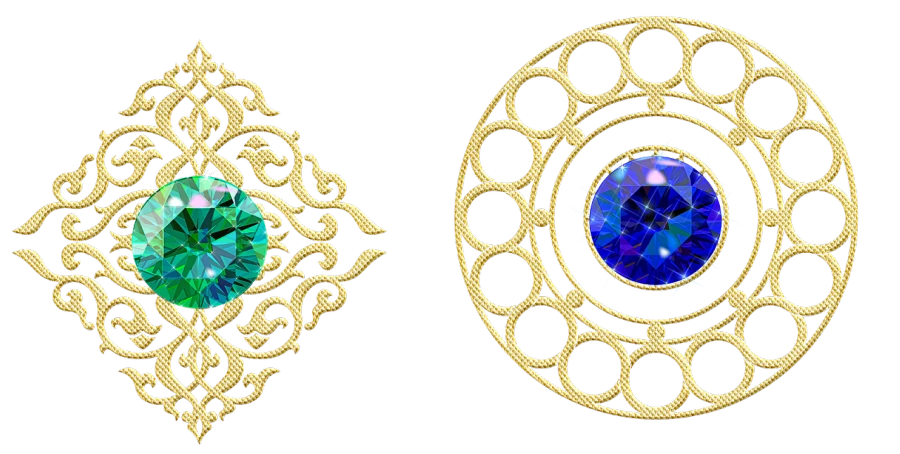 a close up of two brooches on a black background, a digital rendering, inspired by Kamāl ud-Dīn Behzād, trending on cg society, cloisonnism, large blue diamonds, cycles4d render, green and blue colors, golden filigree