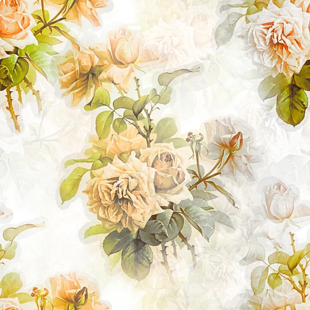 a bunch of flowers that are on a wall, a digital rendering, baroque, yellow rose, (light orange mist), repeat pattern, john park