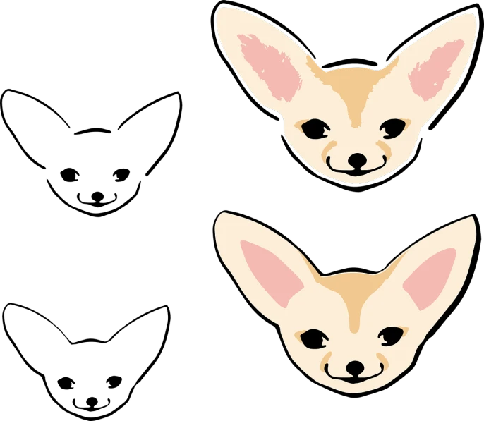 a close up of a dog's face on a black background, an illustration of, tumblr, sōsaku hanga, fennec fox, adult pair of twins, simple and clean illustration, vertically flat head