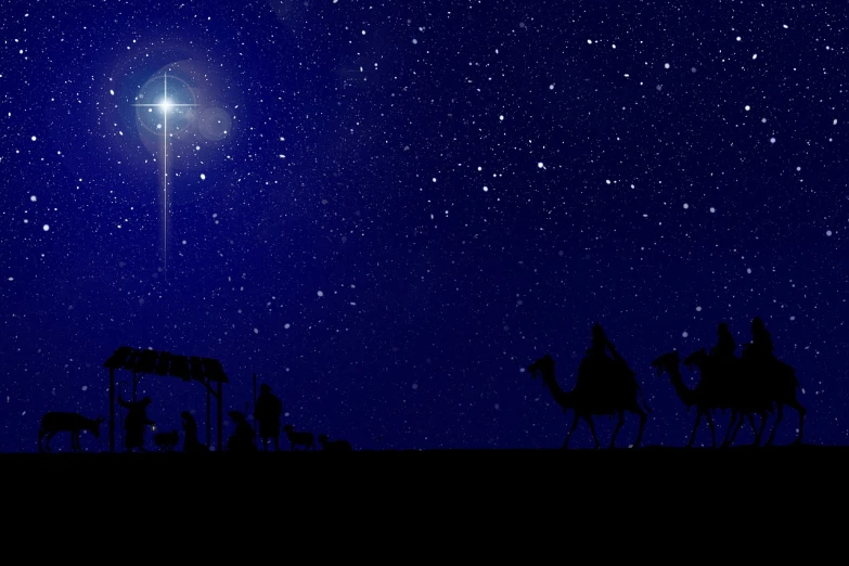 a group of people riding on the backs of camels under a star filled sky, an illustration of, digital art, christmas night, with infant jesus, istock, establishing shot