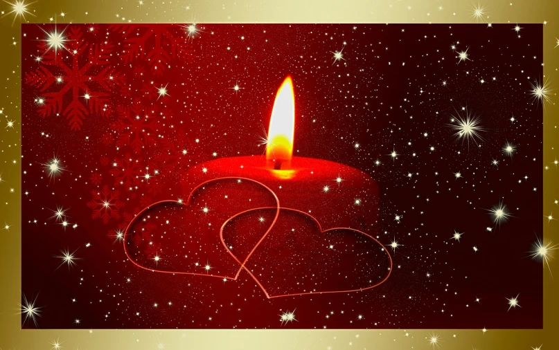 a red candle with two hearts drawn on it, a picture, by Marie Bashkirtseff, pixabay, starry background, gold, set photo, winter