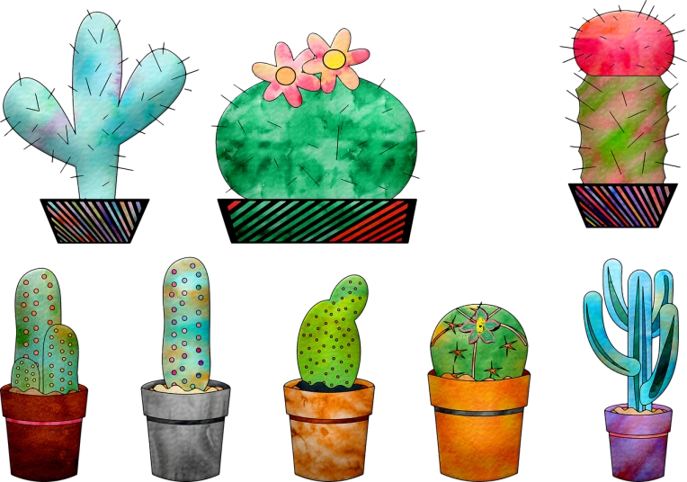 a group of cactus plants sitting next to each other, digital art, inspired by Laurel Burch, process art, on a black background, papercraft, clipart, tie-dye