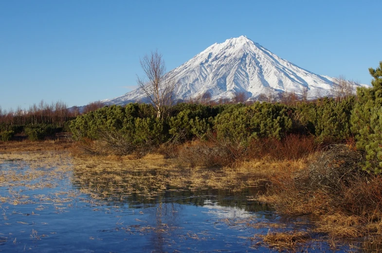 a body of water with a mountain in the background, a picture, inspired by Kōno Michisei, flickr, hurufiyya, flooded swamp, an ice volcano, biodiversity, fuji choko