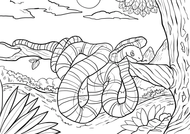 a black and white drawing of a snake, lineart, by Adam Marczyński, shutterstock, cobra, the jungle at the background, colorful kids book illustration, thylacine, snake body. many large