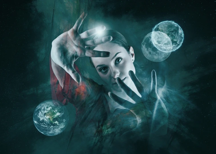 a close up of a person holding a cell phone, digital art, inspired by Anna Füssli, shutterstock, digital art, multiple moons, dramatic magic floating pose, mime, cybernetic hands
