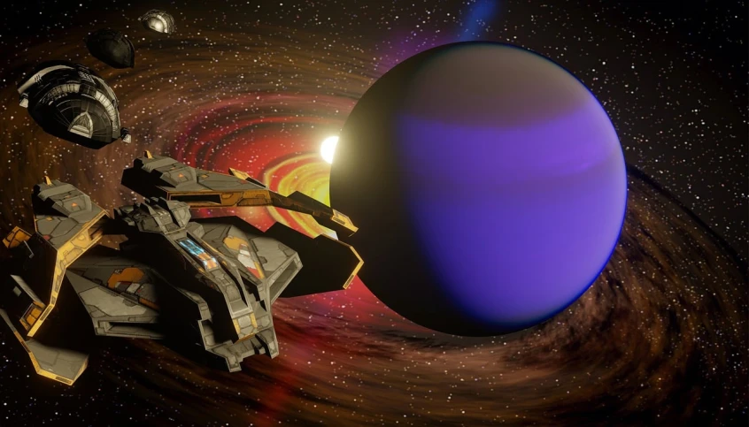 an artist's rendering of a spaceship with a planet in the background, a raytraced image, by Wayne England, cg society contest winner, black sun with purple eclipse, orange gas giant, 8k octae render photo, lush and colorful eclipse