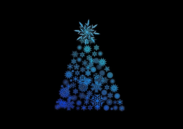 a christmas tree made of snowflakes on a black background, gradient blue black, black and blue color scheme, colored screentone, hut