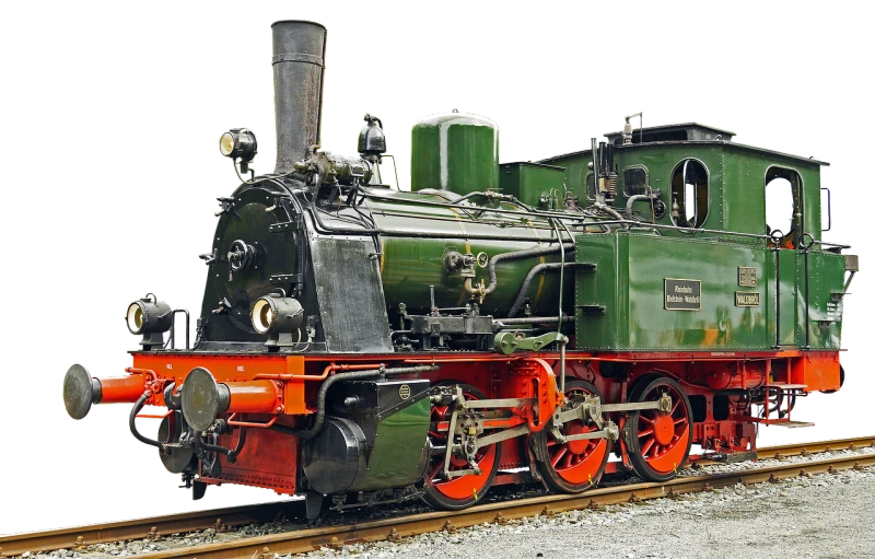 a close up of a train on a train track, by Jürg Kreienbühl, trending on pixabay, figuration libre, a steam wheeler from 1880s, on black background, green, front side view full sheet