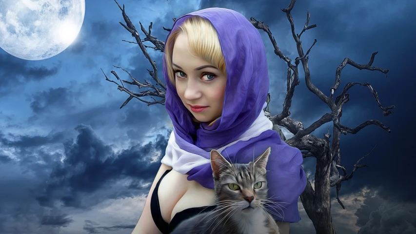 a woman holding a cat in front of a full moon, a colorized photo, deviantart contest winner, fantasy art, cowl, blue eyes and blond hair, deep purple veil, full-cosplay