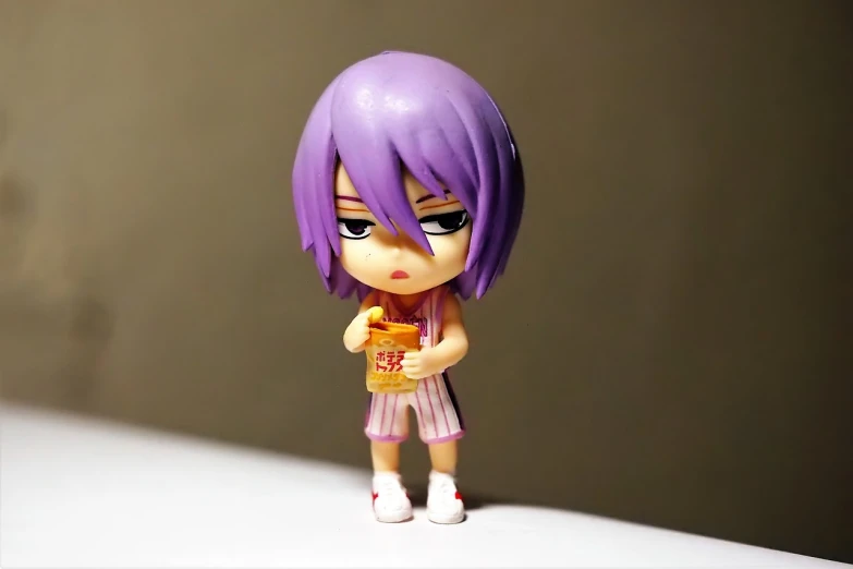 a close up of a figurine of a girl with purple hair, a picture, tumblr, mingei, disappointed, full body close-up shot, with short hair, having a snack