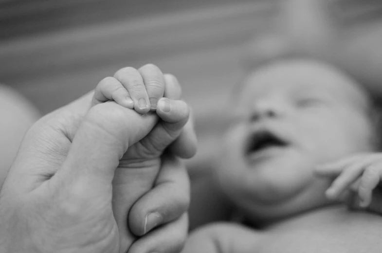 a close up of a person holding a baby's hand, a black and white photo, detailed expression, scientific photo, high - res, with index finger