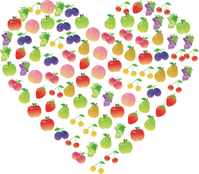 a heart made of fruits and berries on a black background, by Kume Keiichiro, computer art, no gradients, 🐿🍸🍋, icon pattern, fruit trees