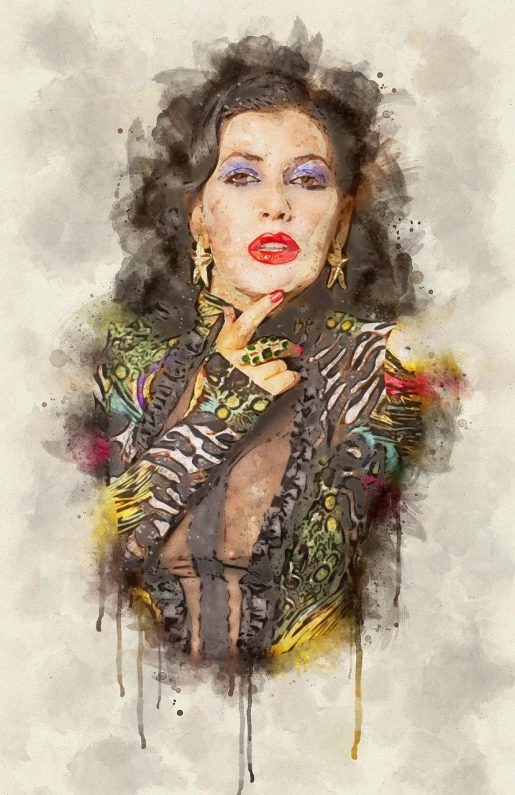 a digital painting of a woman with red lips, inspired by Horst Antes, digital art, elvira in tattered clothes, watercolor painting style, intricate costume design, elizabeth taylor