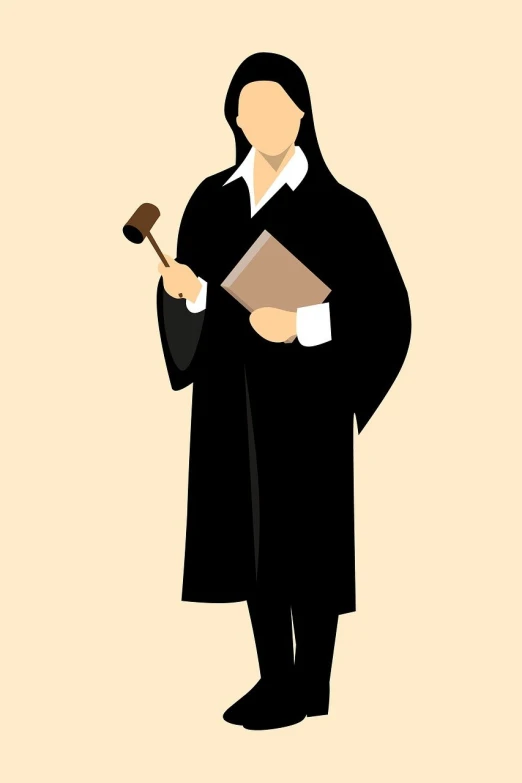 a woman in a robe holding a gavel, a cartoon, pixabay, woman in black robes, case, subject detail: wearing a suit, woman with black hair
