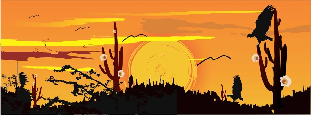 a bird sitting on a branch in front of a sunset, vector art, trending on pixabay, digital art, saguaro cacti, accidental wild west, drawn in microsoft paint, desert with city in the skyline