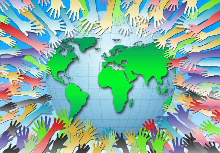 a group of multicolored hands surrounding a world map, a digital rendering, conceptual art, very detailed background, hermes, crowds, a beautiful artwork illustration