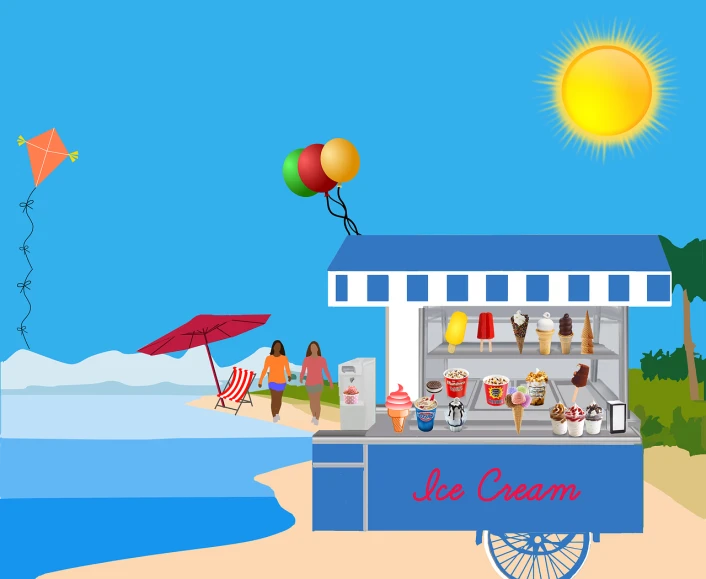 there is a ice cream stand on the beach, an illustration of, by Zofia Stryjenska, shutterstock, miami. illustration