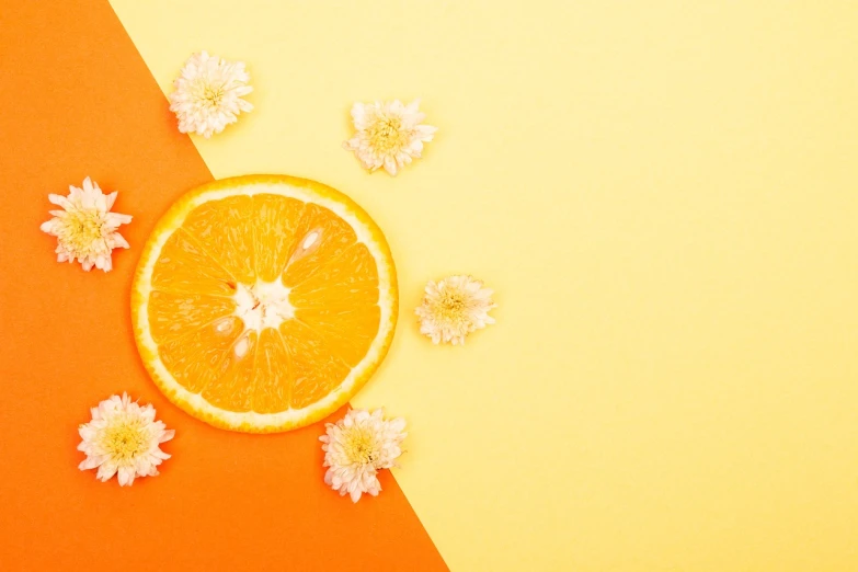 an orange cut in half with flowers surrounding it, minimalism, pastel flowery background, 🐿🍸🍋, yellow sunshine, desktop background