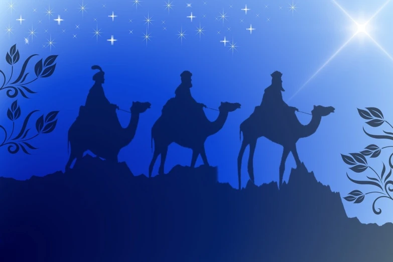 a nativity scene with three wise men riding camels, by Aleksander Gierymski, shutterstock, digital art, with a blue background, edited in photoshop, silhouettes, stock photo