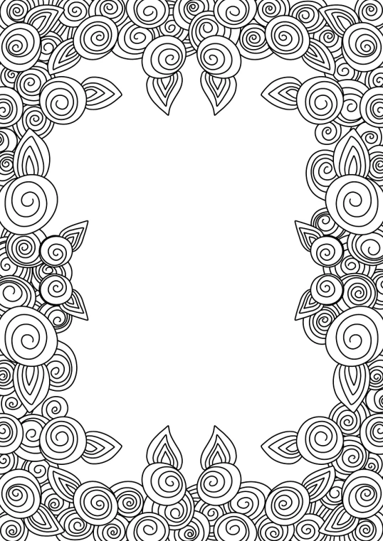 a black and white coloring page with swirly designs, digital art, flat vector art background, flower frame, doodle hand drawn, hindu ornaments