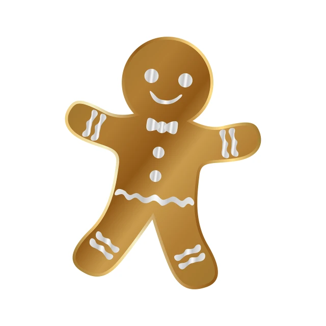 a close up of a gingerbread man on a white background, an illustration of, sōsaku hanga, elegant gold body, simple illustration, trimmed with a white stripe, groom