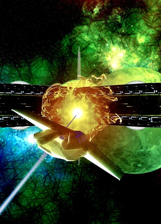 a computer generated image of a space station, a digital rendering, inspired by Chris Foss, space art, exploding planet in background, top secret space plane, photo mid shot, northern lights in space