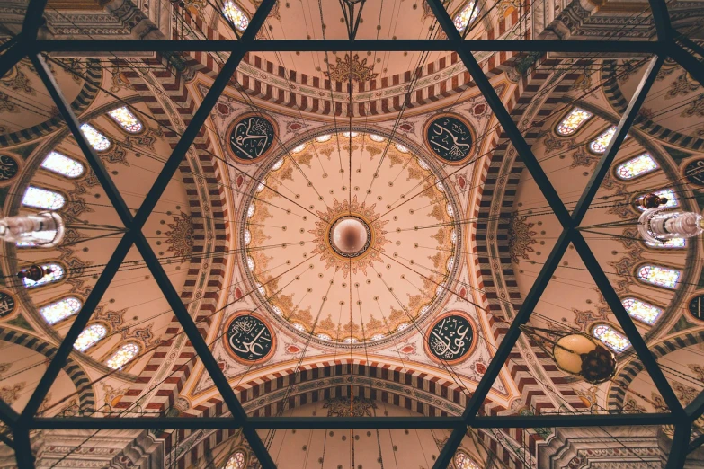 a picture of the inside of a building, a mosaic, inspired by Buckminster Fuller, pexels contest winner, arabesque, mosque synagogue interior, star roof, overhead canopy, with beautiful mosques