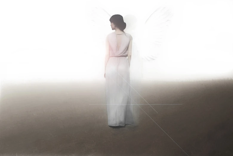 a woman in a white dress standing in a field, digital art, an angel standing still, blurred and dreamy illustration, peter guthrie, raphael hopper