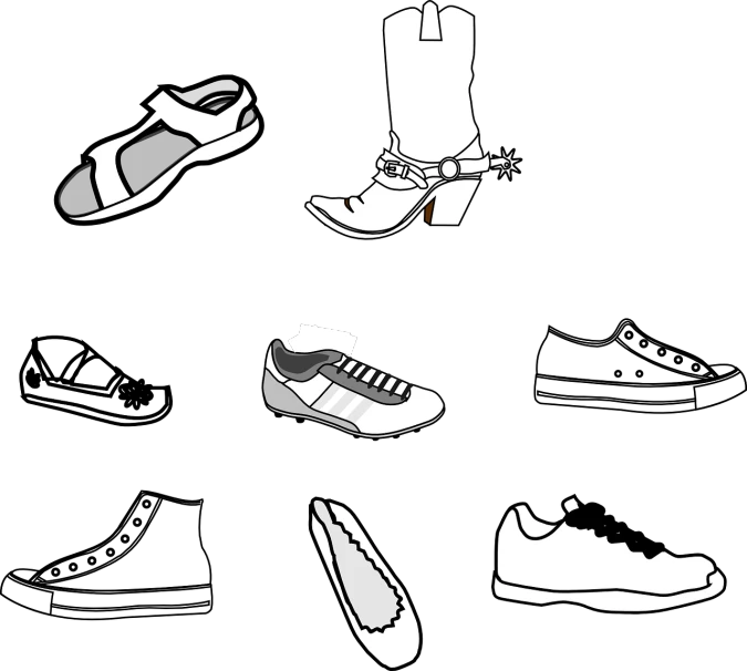 a bunch of different types of shoes on a black background, an illustration of, by Odhise Paskali, minimalism, image dataset, white clothing, symbols, black-and-white