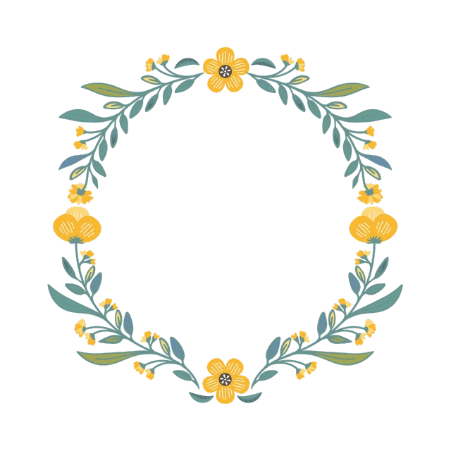 a wreath of yellow flowers on a black background, folk art, digital flat 2 d, black and blue and gold jewelry, simple shape, center of frame