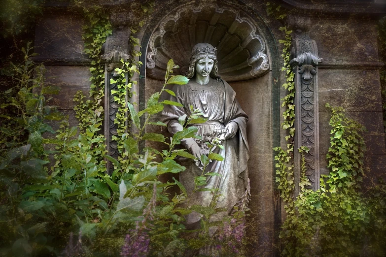 a statue of a woman in a garden, inspired by Eleanor Fortescue-Brickdale, pixabay contest winner, gothic art, gothic church background, tim hildebrant, secret overgrown temple, paris 2010