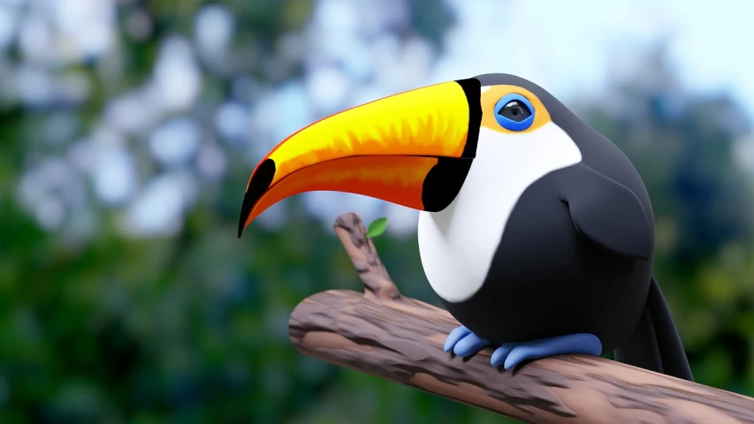 a black and white bird sitting on top of a tree branch, an illustration of, inspired by Charles Bird King, trending on polycount, 6 toucan beaks, cinema 4d colorful render, “portrait of a cartoon animal, high angle close up shot