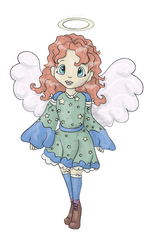 a drawing of a little girl with angel wings, a digital rendering, inspired by Marie Angel, deviantart contest winner, with curly red hair, full body character concept, fully colored, in cartoon style